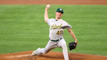 ANAHEIM, CALIFORNIA - MAY 22: Chris Bassitt #40 of the Oakland Athletics pitches during the first inning against the Los Angeles Angels at Angel Stadium of Anaheim on May 22, 2021 in Anaheim, California. (Photo by Katelyn Mulcahy/Getty Images)