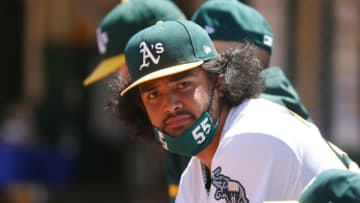 OAKLAND, CALIFORNIA - MAY 20: Sean Manaea #55 of the Oakland Athletics looks on from the dugout during the game against the Houston Astros at RingCentral Coliseum on May 20, 2021 in Oakland, California. (Photo by Lachlan Cunningham/Getty Images)