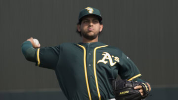 MESA, AZ - MARCH 2: Henderson Alvarez #37 of the Oakland Athletics pitches during a spring training workout at Fitch Park on March 2, 2016 in Mesa, Arizona. (Photo by Michael Zagaris/Oakland Athletics/Getty Images)