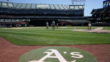 Jun 14, 2018; Oakland, CA, USA; General view of the field maintenance crew for the Oakland Athletics before the game against the Houston Astros at the Oakland Coliseum. Mandatory Credit: Stan Szeto-USA TODAY Sports
