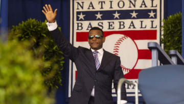 Jul 21, 2019; Cooperstown, NY, USA; Hall of Famer Rickey Henderson is introduces during the 2019 National Baseball Hall of Fame induction ceremony at the Clark Sports Center. Mandatory Credit: Gregory J. Fisher-USA TODAY Sports