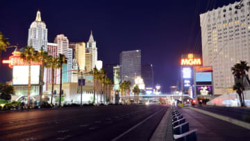 May 29, 2020; Las Vegas, Nevada, USA; General view looking at Las Vegas Blvd southbound at New York New York, Tropicana hotel and casinos. Las Vegas casinos and hotels have been shut down for over two months due to the COVID-19 pandemic. Nevada governor Steve Sisolak announced most hotel casinos will reopen June 4 with precautions in place to minimize the spread of COVID-19. Mandatory Credit: Gary A. Vasquez-USA TODAY NETWORK