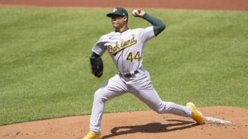 Apr 25, 2021; Baltimore, Maryland, USA; Oakland Athletics pitcher Jesus Luzardo (44) delivers a pitch during the first inning against the Baltimore Orioles at Oriole Park at Camden Yards. Mandatory Credit: Gregory Fisher-USA TODAY Sports