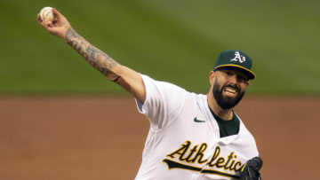 Apr 30, 2021; Oakland, California, USA; Oakland Athletics starting pitcher Mike Fiers (50) delivers a pitch against the Baltimore Orioles during the second inning at RingCentral Coliseum. Mandatory Credit: D. Ross Cameron-USA TODAY Sports