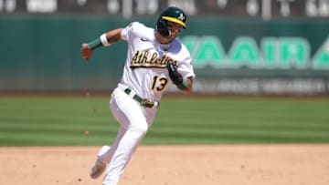 May 29, 2022; Oakland, California, USA; Oakland Athletics left fielder Luis Barrera (13) runs to third base during the fifth inning against the Texas Rangers at RingCentral Coliseum. Mandatory Credit: Darren Yamashita-USA TODAY Sports