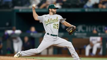 Sep 13, 2022; Arlington, Texas, USA; Oakland Athletics relief pitcher Austin Pruitt (29) pitches against the Texas Rangers in the seventh inning at Globe Life Field. Mandatory Credit: Tim Heitman-USA TODAY Sports