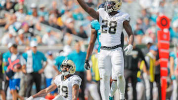 JACKSONVILLE, FLORIDA - OCTOBER 13: Latavius Murray #28 of the New Orleans Saints reacts after a first down during the third quarter of a game against the Jacksonville Jaguars at TIAA Bank Field on October 13, 2019 in Jacksonville, Florida. (Photo by James Gilbert/Getty Images)
