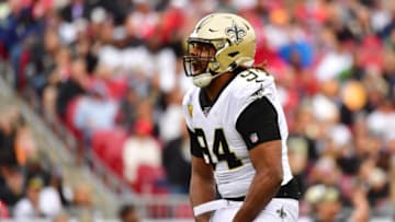 TAMPA, FLORIDA - NOVEMBER 17: Cameron Jordan #94 of the New Orleans Saints reacts after sacking Jameis Winston #3 of the Tampa Bay Buccaneers during the third quarter of a football game at Raymond James Stadium on November 17, 2019 in Tampa, Florida. (Photo by Julio Aguilar/Getty Images)