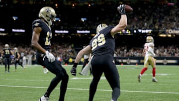 NEW ORLEANS, LOUISIANA - DECEMBER 08: Josh Hill #89 of the New Orleans Saints celebrates with Michael Thomas #13 after scoring a touchdown against the San Francisco 49ers during the second quarter in the game at Mercedes Benz Superdome on December 08, 2019 in New Orleans, Louisiana. (Photo by Jonathan Bachman/Getty Images)