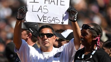 OAKLAND, CA - SEPTEMBER 18: A fan holds a sign in the stands in reference to a potential move by the Oakland Raiders to Las Vegas during the NFL game between the Oakland Raiders and the Atlanta Falcons at Oakland-Alameda County Coliseum on September 18, 2016 in Oakland, California. (Photo by Thearon W. Henderson/Getty Images)