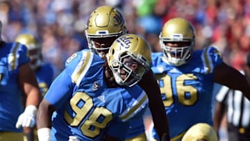 PASADENA, CA - OCTOBER 22: UCLA (98) Takkarist McKinley (DL) celebrates after making a sack during an NCAA football game between the Utah Utes and the UCLA Bruins on October 22, 2016, at the Rose Bowl in Pasadena, CA. (Photo by Chris Williams/Icon Sportswire via Getty Images)