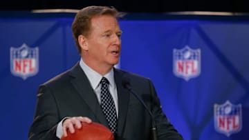 HOUSTON, TX - FEBRUARY 06: NFL Commissioner Roger Goodell addresses the media at the Super Bowl Winner and MVP press conference on February 6, 2017 in Houston, Texas. (Photo by Bob Levey/Getty Images)
