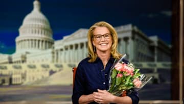 MEET THE PRESS -- Pictured: (l-r) Katty Kay, Anchor, BBC World News America appears with Mother's Day flowers on 'Meet the Press' in Washington, D.C., Sunday, May 7, 2017. (Photo by: William B. Plowman/NBC/NBC NewsWire via Getty Images)