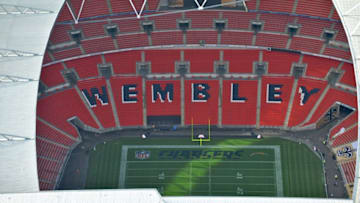 LONDON, ENGLAND - OCTOBER 24: Aerial view of Wembley Stadium, which will play host to its second NFL regular season game, this photo taken on October 24, 2008 in London. The match will be between the New Orleans Saints and the San Diego Chargers. Almost 90,000 American football fans are expected to attend. (Photo by David Goddard/Getty Images)
