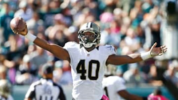 PHILADELPHIA, PA - OCTOBER 11: Delvin Breaux #40 of the New Orleans Saints reacts after making an interception in the end zone during the second quarter against the Philadelphia Eagles during a game at Lincoln Financial Field on October 11, 2015 in Philadelphia, Pennsylvania. (Photo by Rich Schultz /Getty Images)