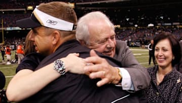 NEW ORLEANS - NOVEMBER 04: Head Coach Sean Payton of the New Orleans Saints gets a hug from Team Owner Tom Benson after defeating the Jacksonville Jaguars on November 4, 2007 at the Louisiana Superdome in New Orleans, Louisiana. The Saints defeated the Jaguars 41-24. (Photo by Chris Graythen/Getty Images)
