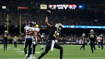 NEW ORLEANS, LOUISIANA - SEPTEMBER 09: Tre'Quan Smith #10 of the New Orleans Saints spikes the ball after scoring a touhdown against the Houston Texans during a NFL game at the Mercedes Benz Superdome on September 09, 2019 in New Orleans, Louisiana. (Photo by Sean Gardner/Getty Images)