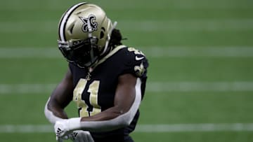 NEW ORLEANS, LOUISIANA - OCTOBER 12: Alvin Kamara #41 of the New Orleans Saints stands on the field during their NFL game against the Los Angeles Chargers at Mercedes-Benz Superdome on October 12, 2020 in New Orleans, Louisiana. (Photo by Chris Graythen/Getty Images)