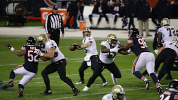 CHICAGO, ILLINOIS - NOVEMBER 01: Drew Brees #9 of the New Orleans Saints throws against the Chicago Bears in the second half at Soldier Field on November 01, 2020 in Chicago, Illinois. (Photo by Jonathan Daniel/Getty Images)