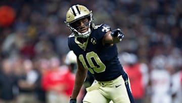 NEW ORLEANS, LA - SEPTEMBER 9: Tre'Quan Smith #10 of the New Orleans Saints at the line of scrimmage during a game against the Tampa Bay Buccaneers at Mercedes-Benz Superdome on September 9, 2018 in New Orleans, Louisiana. The Buccaneers defeated the Saints 48-40. (Photo by Wesley Hitt/Getty Images)