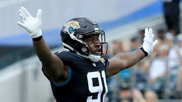 JACKSONVILLE, FLORIDA - DECEMBER 02: Yannick Ngakoue #91 of the Jacksonville Jaguars celebrates a defensive stop during the game against the Indianapolis Colts on December 02, 2018 in Jacksonville, Florida. (Photo by Sam Greenwood/Getty Images)