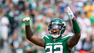 EAST RUTHERFORD, NJ - SEPTEMBER 08: Trumaine Johnson #22 of the New York Jets celebrates a safety against the Buffalo Bills during the third quarter at MetLife Stadium on September 8, 2019 in East Rutherford, New Jersey. Buffalo defeats New York 17-16. (Photo by Brett Carlsen/Getty Images)