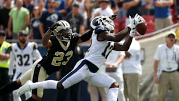 LOS ANGELES, CALIFORNIA - SEPTEMBER 15: Wide receiver Brandin Cooks #12 of the Los Angeles Rams makes a catch from quarterback Jared Goff #16 in front of cornerback Marshon Lattimore #23 of the New Orleans Saints in the first quarter at Los Angeles Memorial Coliseum on September 15, 2019 in Los Angeles, California. (Photo by Meg Oliphant/Getty Images)