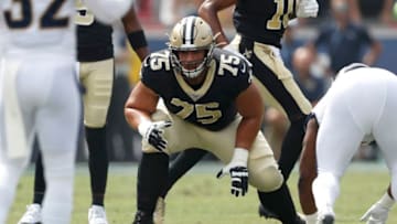 LOS ANGELES, CALIFORNIA - SEPTEMBER 15: Andrus Peat #75 of the New Orleans Saints lines up on the line of scrimmage during the first half of a game against the Los Angeles Rams at Los Angeles Memorial Coliseum on September 15, 2019 in Los Angeles, California. (Photo by Sean M. Haffey/Getty Images)