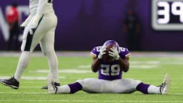 MINNEAPOLIS, MN - OCTOBER 13: Xavier Rhodes #29 of the Minnesota Vikings slams the ball to the field after a near interception in the first quarter against the Philadelphia Eagles at U.S. Bank Stadium on October 13, 2019 in Minneapolis, Minnesota. (Photo by Adam Bettcher/Getty Images)