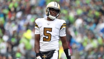 SEATTLE, WASHINGTON - SEPTEMBER 22: Teddy Bridgewater #5 of the New Orleans Saints smiles in the third quarter against the Seattle Seahawks during their game at CenturyLink Field on September 22, 2019 in Seattle, Washington. (Photo by Abbie Parr/Getty Images)
