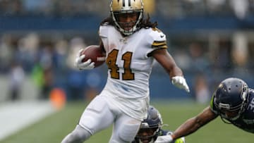 SEATTLE, WA - SEPTEMBER 22: Running back Alvin Kamara #41 of the New Orleans Saints rushes for a touchdown in the second quarter against the Seattle Seahawks at CenturyLink Field on September 22, 2019 in Seattle, Washington. (Photo by Otto Greule Jr/Getty Images)
