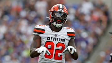 BALTIMORE, MARYLAND - SEPTEMBER 29: Defensive End Chad Thomas #92 of the Cleveland Browns reacts after a fumble in the second half against the Baltimore Ravens at M&T Bank Stadium on September 29, 2019 in Baltimore, Maryland. (Photo by Todd Olszewski/Getty Images)
