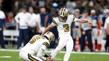 NEW ORLEANS, LOUISIANA - SEPTEMBER 29: Wil Lutz #3 of the New Orleans Saints kicks a field goal during a NFL game against the Dallas Cowboys at the Mercedes Benz Superdome on September 29, 2019 in New Orleans, Louisiana. (Photo by Sean Gardner/Getty Images)