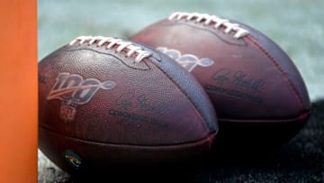 CHARLOTTE, NORTH CAROLINA - OCTOBER 06: Detail photo of NFL 100 game football during the game between the Carolina Panthers and the Jacksonville Jaguars at Bank of America Stadium on October 06, 2019 in Charlotte, North Carolina. (Photo by Grant Halverson/Getty Images)