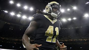 NEW ORLEANS, LOUISIANA - OCTOBER 06: Alvin Kamara #41 of the New Orleans Saints walks off the field after defeating the Tampa Bay Buccaneers at Mercedes Benz Superdome on October 06, 2019 in New Orleans, Louisiana. (Photo by Chris Graythen/Getty Images)