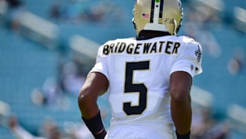 JACKSONVILLE, FLORIDA - OCTOBER 13: Quarterback Teddy Bridgewater #5 of the New Orleans Saints warms up before playing the Jacksonville Jaguars in the game at TIAA Bank Field on October 13, 2019 in Jacksonville, Florida. (Photo by Julio Aguilar/Getty Images)