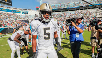 JACKSONVILLE, FLORIDA - OCTOBER 13: Teddy Bridgewater #5 of the New Orleans Saints looks on after a game against the Jacksonville Jaguars at TIAA Bank Field on October 13, 2019 in Jacksonville, Florida. (Photo by James Gilbert/Getty Images)