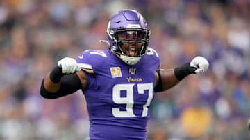 MINNEAPOLIS, MINNESOTA - OCTOBER 13: Everson Griffen #97 of the Minnesota Vikings pumps up the crowd during the game against the Philadelphia Eagles at U.S. Bank Stadium on October 13, 2019 in Minneapolis, Minnesota. The Vikings defeated the Eagles 38-20. (Photo by Hannah Foslien/Getty Images)