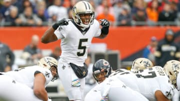 CHICAGO, ILLINOIS - OCTOBER 20: Teddy Bridgewater #5 of the New Orleans Saints yells out to his teammates before a snap during the first quarter against e Chicago Bears at Soldier Field on October 20, 2019 in Chicago, Illinois. (Photo by Nuccio DiNuzzo/Getty Images)