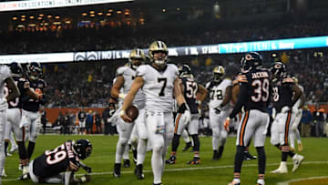 CHICAGO, ILLINOIS - OCTOBER 20: Taysom Hill #7 of the New Orleans Saints celebrates his touchdown against the Chicago Bears during the second half at Soldier Field on October 20, 2019 in Chicago, Illinois. (Photo by David Banks/Getty Images)