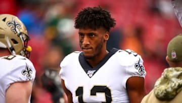 TAMPA, FLORIDA - NOVEMBER 17: Michael Thomas #13 of the New Orleans Saints looks on before the game against the Tampa Bay Buccaneers on November 17, 2019 at Raymond James Stadium in Tampa, Florida. (Photo by Will Vragovic/Getty Images)
