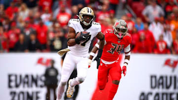 TAMPA, FLORIDA - NOVEMBER 17: Jared Cook #87 of the New Orleans Saints advances the ball during the first quarter of the game against the Tampa Bay Buccaneers on November 17, 2019 at Raymond James Stadium in Tampa, Florida. (Photo by Will Vragovic/Getty Images)