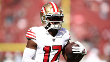 SANTA CLARA, CALIFORNIA - OCTOBER 27: Emmanuel Sanders #17 of the San Francisco 49ers warms up prior to the game against the Carolina Panthers at Levi's Stadium on October 27, 2019 in Santa Clara, California. (Photo by Ezra Shaw/Getty Images)