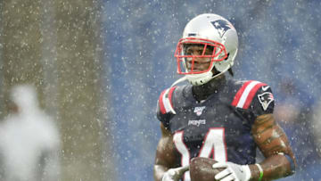 FOXBOROUGH, MASSACHUSETTS - OCTOBER 27: Wide receiver Mohamed Sanu Sr. #14 of the New England Patriots warms up prior to their game against the Cleveland Browns at Gillette Stadium on October 27, 2019 in Foxborough, Massachusetts. (Photo by Billie Weiss/Getty Images)