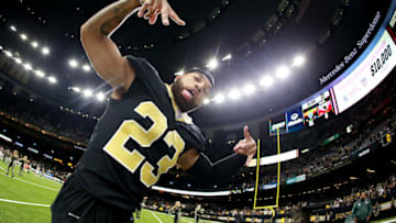 NEW ORLEANS, LOUISIANA - OCTOBER 27: Marshon Lattimore #23 of the New Orleans Saints runs off the field during a NFL game against the Arizona Cardinals at the Mercedes Benz Superdome on October 27, 2019 in New Orleans, Louisiana. (Photo by Sean Gardner/Getty Images)