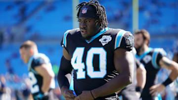 CHARLOTTE, NORTH CAROLINA - NOVEMBER 03: Alex Armah #40 of the Carolina Panthers before their game against the Tennessee Titans at Bank of America Stadium on November 03, 2019 in Charlotte, North Carolina. (Photo by Jacob Kupferman/Getty Images)
