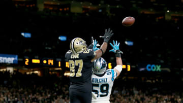 NEW ORLEANS, LOUISIANA - NOVEMBER 24: Jared Cook #87 of the New Orleans Saints celebrates after scoring a 20 yard touchdown against the Carolina Panthers during the third quarter in the game at Mercedes Benz Superdome on November 24, 2019 in New Orleans, Louisiana. (Photo by Sean Gardner/Getty Images)