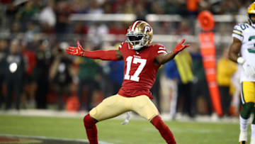 SANTA CLARA, CALIFORNIA - NOVEMBER 24: Emmanuel Sanders #17 of the San Francisco 49ers reacts after making a catch for a first down against the Green Bay Packers at Levi's Stadium on November 24, 2019 in Santa Clara, California. (Photo by Ezra Shaw/Getty Images)