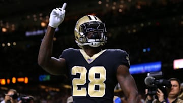 NEW ORLEANS, LOUISIANA - NOVEMBER 24: Latavius Murray #28 of the New Orleans Saints reacts during a game against the Carolina Panthers at the Mercedes Benz Superdome on November 24, 2019 in New Orleans, Louisiana. (Photo by Jonathan Bachman/Getty Images)