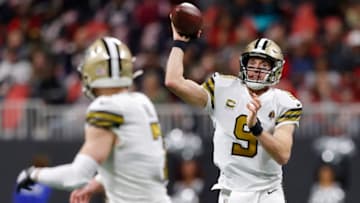 ATLANTA, GEORGIA - NOVEMBER 28: Drew Brees #9 of the New Orleans Saints throws a pass to Taysom Hill #7 against the Atlanta Falcons during the first quarter at Mercedes-Benz Stadium on November 28, 2019 in Atlanta, Georgia. (Photo by Kevin C. Cox/Getty Images)